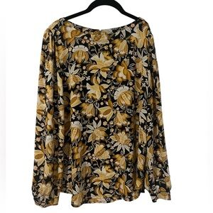 LOFT Black and Gold Floral Long Sleeve Blouse